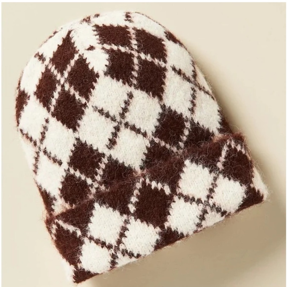 Anthropologie Brown and White Argyle Knit Beanie